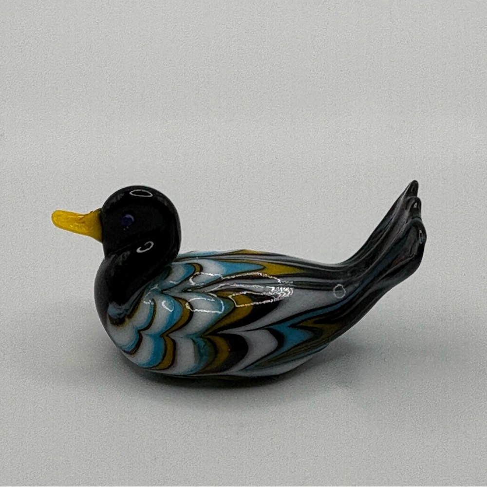 Miniature Layered Art Glass Duck Figurine Blue Yellow Brown White 1”X2”